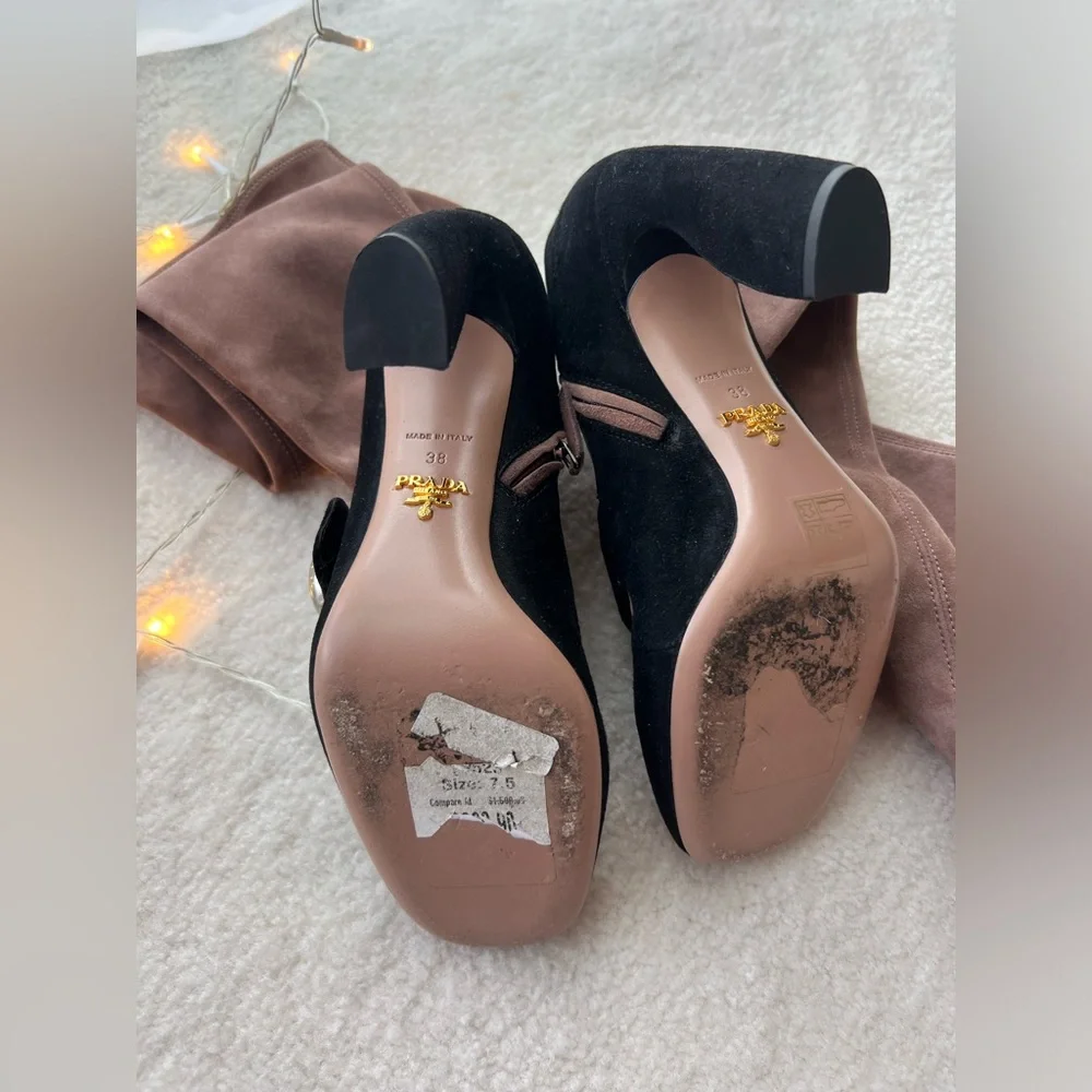 Prada Runway Knee High Suede Blush Pink Black High Heels Sock Boot Trompe L'oeil - Picture 13 of 14